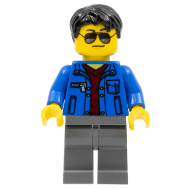blue jacket over dark red v-neck sweater dark bluish gray legs black short tousled hair silver sunglasses