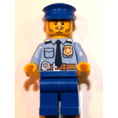 police - city shirt with dark blue tie and gold badge dark tan belt with radio blue legs blue police hat black stubble and raised right eyebrow