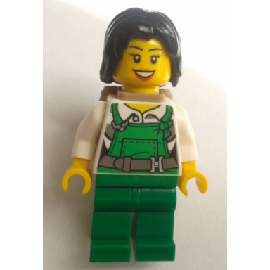 police - city bandit female with green overalls black mid-length tousled hair backpack peach lips open mouth smile
