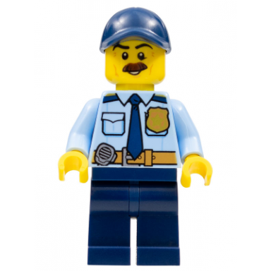 police - city shirt with dark blue tie and gold badge dark tan belt with radio dark blue legs dark blue cap with hole brown bushy moustache
