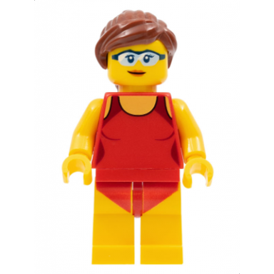 beachgoer - red female swimsuit and light blue glasses