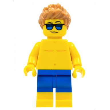 beachgoer - blue male swim trunks and sunglasses