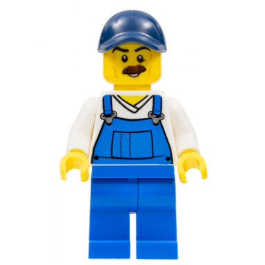 beach janitor - blue overalls and dark blue cap