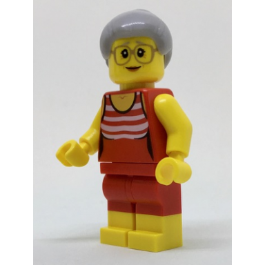 beachgoer - gray female hair and red old-fashioned swimsuit