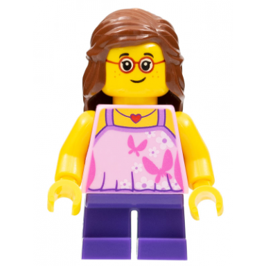 child - girl bright pink top dark purple legs reddish brown hair glasses freckles