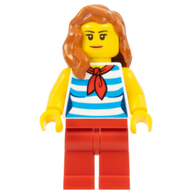 beachgoer - female dark azure and white striped shirt with red scarf red legs dark orange hair