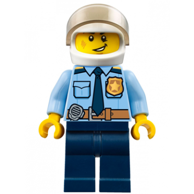 police - city officer shirt with dark blue tie and gold badge dark tan belt with radio dark blue legs white helmet