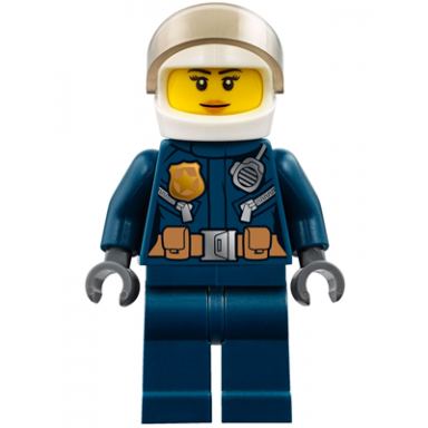 police - city helicopter pilot female leather jacket with gold badge and utility belt dark blue legs white helmet peach lips slight smile