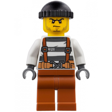 police - city bandit crook overalls 621 prison stripes dark orange legs black knit cap beard stubble and scowl