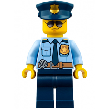 police - city officer shirt with dark blue tie and gold badge dark tan belt with radio dark blue legs police hat with gold badge sunglasses