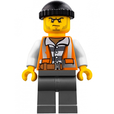 police - city bandit crook orange vest dark bluish gray legs black knit cap beard stubble and scowl