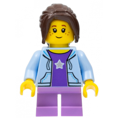 city bus passenger - bright light blue hoodie medium lavender short legs dark brown hair ponytail long with side bangs freckles