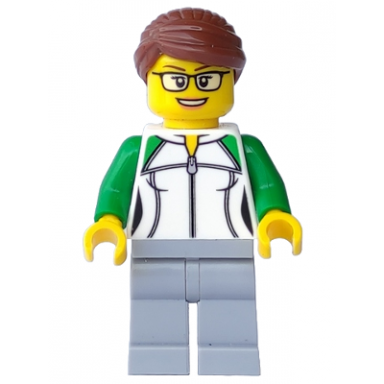 city newsstand worker - female outline sweatshirt with zipper light bluish gray legs reddish brown hair with bun glasses