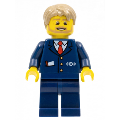 city bus driver - dark blue suit with train logo dark tan short tousled hair beard