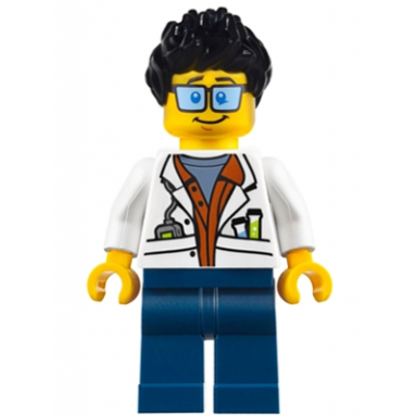 city jungle scientist - white lab coat with test tubes dark blue legs black ruffled hair