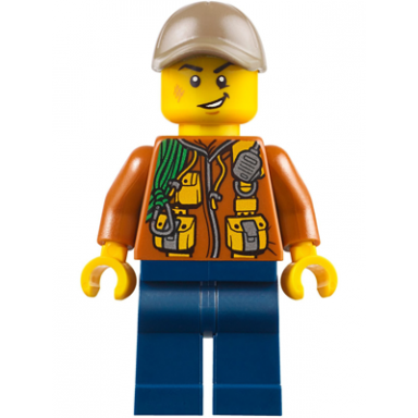 city jungle explorer - dark orange jacket with pouches dark blue legs dark tan cap with hole scuff mark