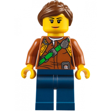 city jungle explorer female - dark orange shirt with green strap dark blue legs reddish brown ponytail and swept sideways fringe