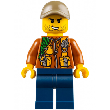 city jungle explorer - dark orange jacket with pouches dark blue legs dark tan cap with hole stubble