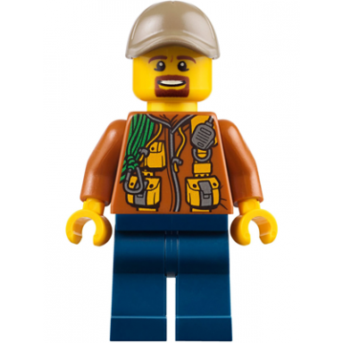 city jungle explorer - dark orange jacket with pouches dark blue legs dark tan cap with hole brown moustache and goatee