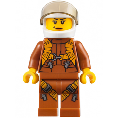 city jungle helicopter pilot female - dark orange jumpsuit dark orange legs with straps white helmet trans-brown visor peach lips