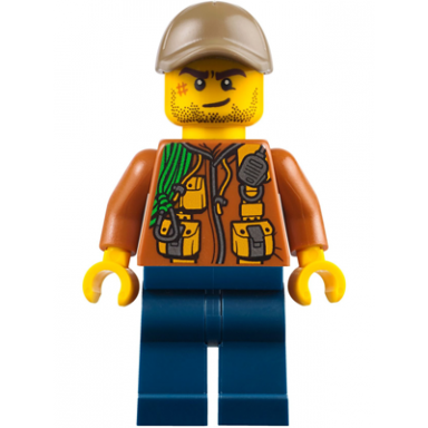 city jungle explorer - dark orange jacket with pouches dark blue legs dark tan cap with hole crooked smile and scar
