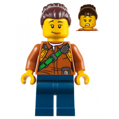 city jungle explorer female - dark orange shirt with green strap dark blue legs dark brown hair female large high bun
