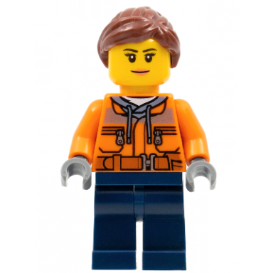 cargo center worker - female orange safety jacket reflective stripe sand blue hoodie dark blue legs reddish brown hair peach lips