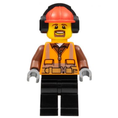 cargo center worker - male orange safety vest reflective stripes reddish brown shirt black legs red construction helmet with black ear protectors headphones goatee