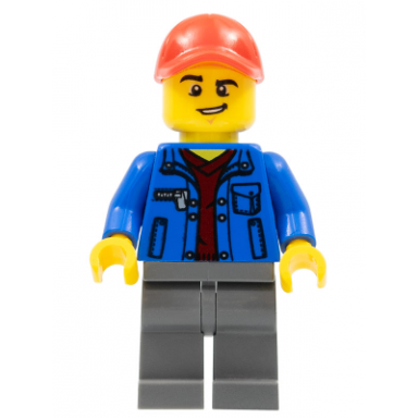 truck driver - blue jacket over dark red v-neck sweater dark bluish gray legs red cap with hole lopsided grin
