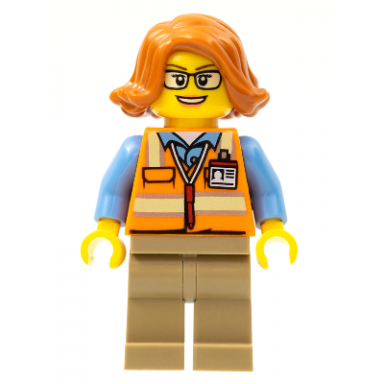 cargo office worker - orange safety vest with reflective stripes dark tan legs dark orange female hair short swept sideways glasses