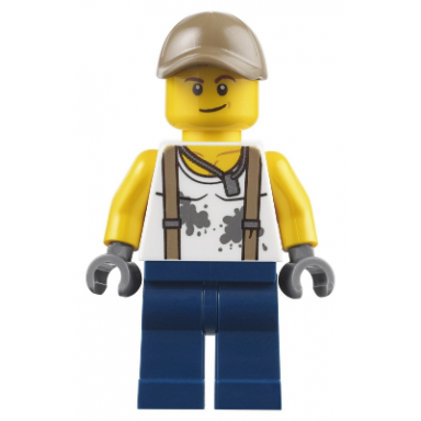 city jungle engineer - white shirt with suspenders and dirt stains dark blue legs dark tan cap with hole smirk