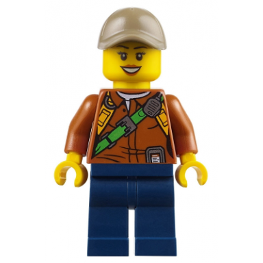 city jungle explorer female - dark orange shirt with green strap dark blue legs dark tan cap with hole black eyebrows