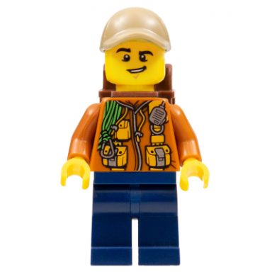 city jungle explorer - dark orange jacket with pouches dark blue legs dark tan cap with hole backpack lopsided grin