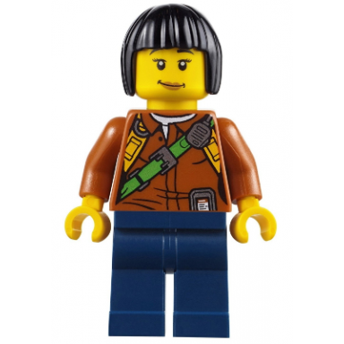 city jungle explorer female - dark orange shirt with green strap dark blue legs black bob cut hair peach lips lopsided smile