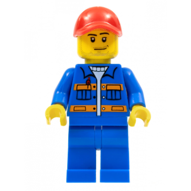 blue jacket with pockets and orange stripes blue legs red cap with hole