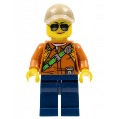 city jungle explorer female - dark orange shirt with green strap dark blue legs dark tan cap with hole sunglasses