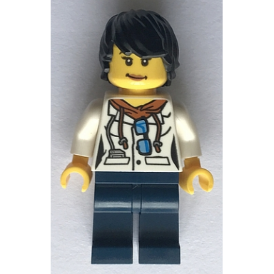 city jungle scientist female - white lab coat with sunglasses dark blue legs black tousled hair