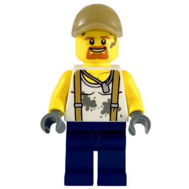 city jungle engineer - white shirt with suspenders and dirt stains dark blue legs dark tan cap with hole goatee