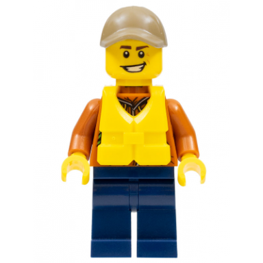city jungle explorer - dark orange jacket with pouches dark blue legs dark tan cap with hole life jacket center buckle big smile