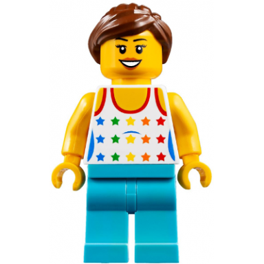 shirt with female rainbow stars pattern medium azure legs reddish brown ponytail hair black eyebrows