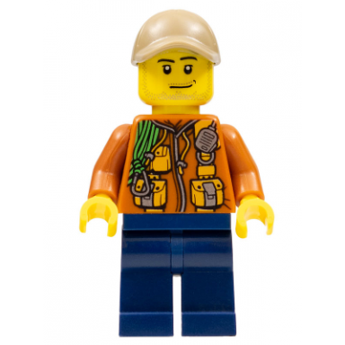 city jungle explorer - dark orange jacket with pouches dark blue legs dark tan cap with hole smirk and stubble beard