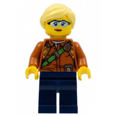 city jungle explorer female - dark orange shirt with green strap dark blue legs bright light yellow ponytail and swept sideways fringe