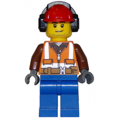 forester - male orange safety vest reflective stripes reddish brown shirt blue legs red construction helmet with black ear protectors headphones stubble