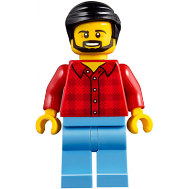 camper - male red plaid flannel shirt medium blue legs black smooth hair