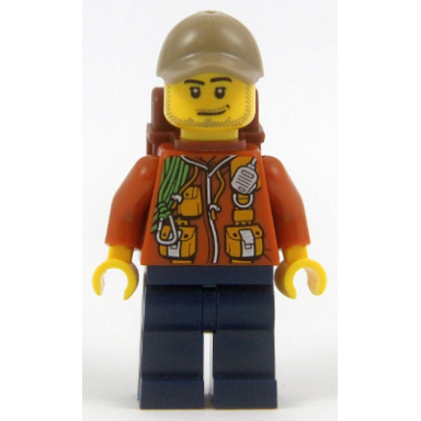 city jungle explorer - dark orange jacket with pouches dark blue legs dark tan cap with hole smirk and stubble beard with backpack