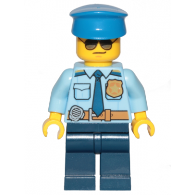 police - city officer shirt with dark blue tie and gold badge dark tan belt with radio dark blue legs police hat sunglasses