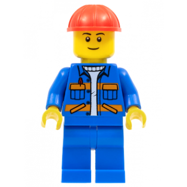 blue jacket with diagonal lower pockets and orange stripes blue legs red construction helmet