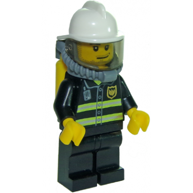 fire - reflective stripes black legs white fire helmet smirk and stubble beard breathing neck gear with yellow air tanks