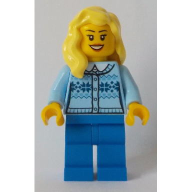fair isle sweater bright light yellow female hair over shoulder blue legs