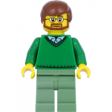 green v-neck sweater over button down shirt collar with 1 button sand green legs reddish brown hair beard